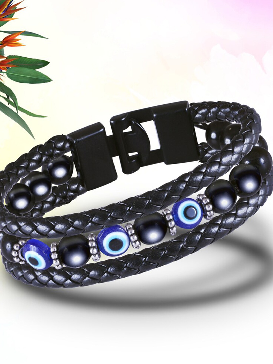

MEENAZ Unisex Silver-Plated Evil Eye Leather Link Bracelet, Black