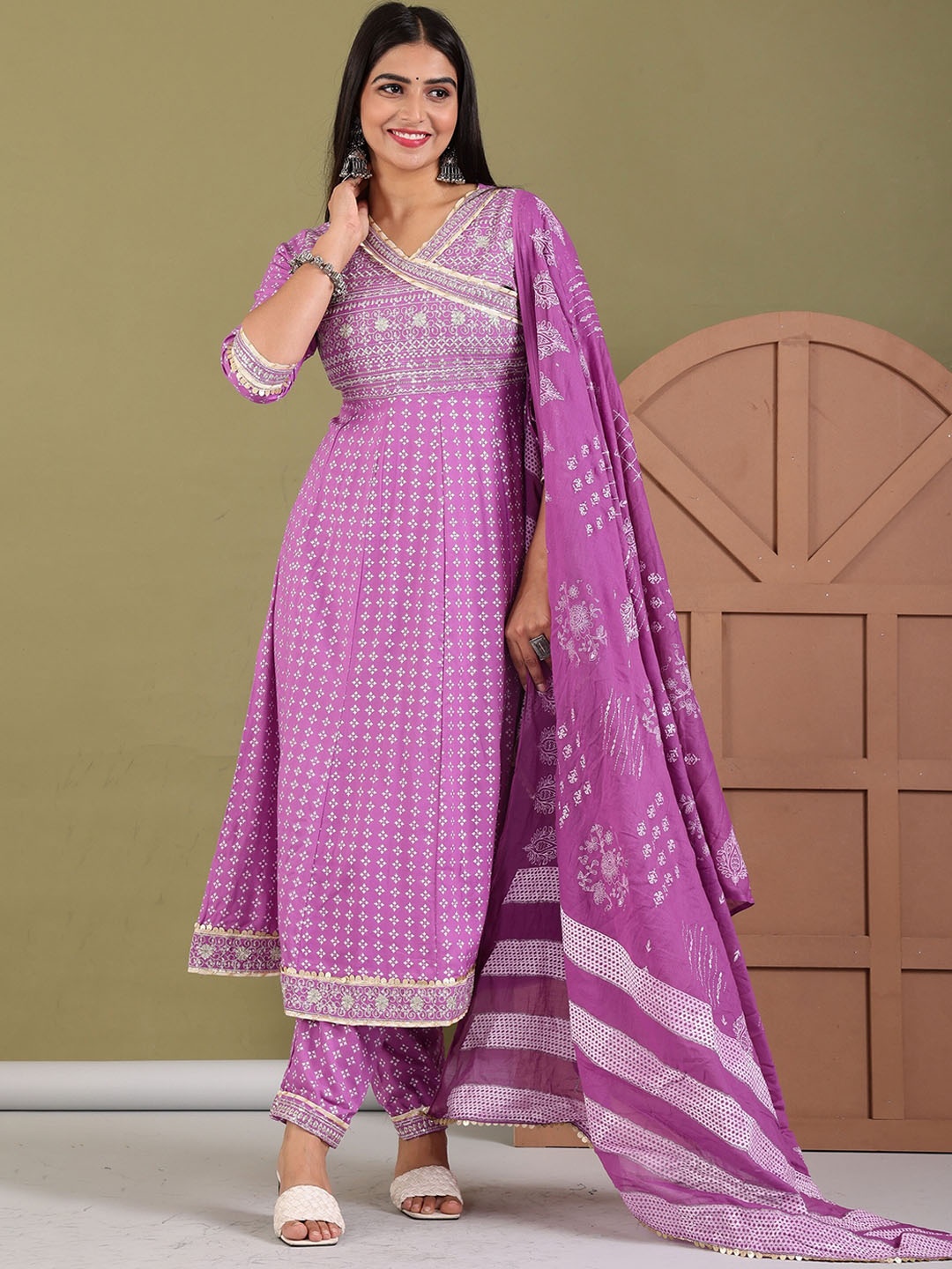 

KALINI Floral Printed Angrakha Thread Work Kurta With Trousers & Dupatta, Purple
