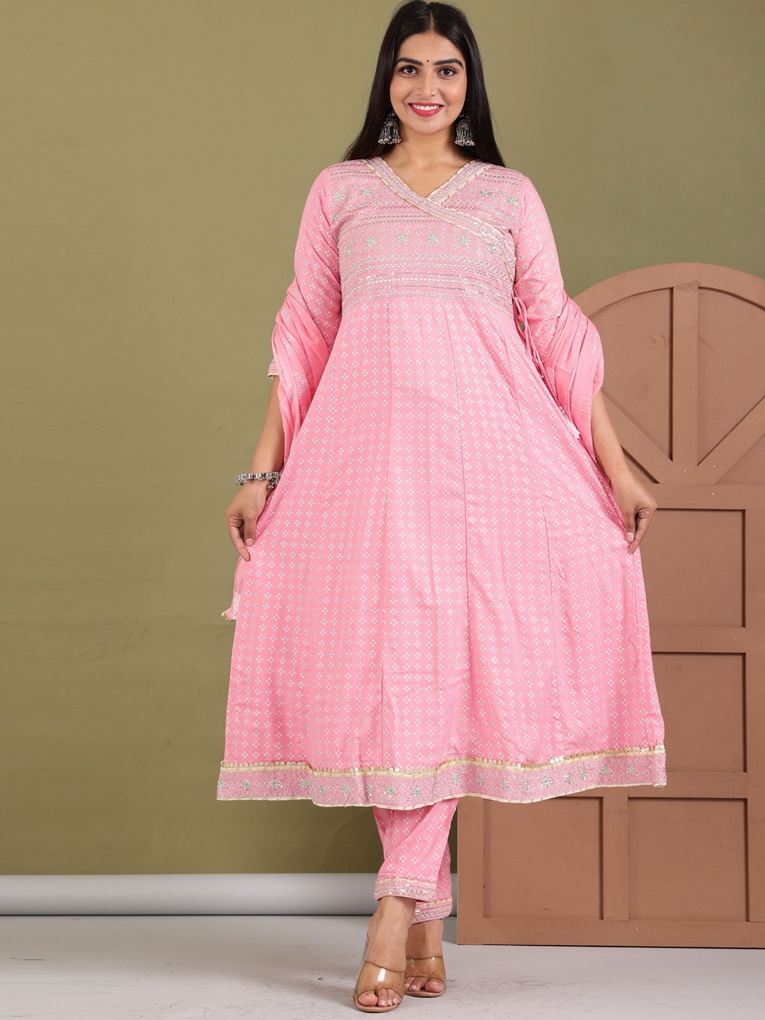 

KALINI Embroidered Angrakha Thread Work Kurta With Trousers & Dupatta, Pink