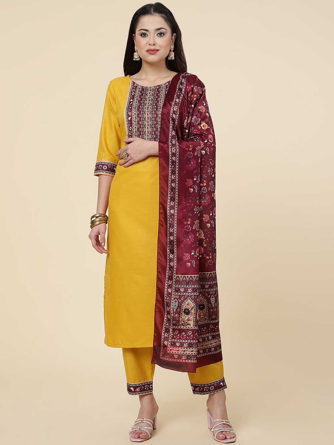 

Sangria Yoke Design Straight Kurta With Trouser & Dupatta Set, Mustard