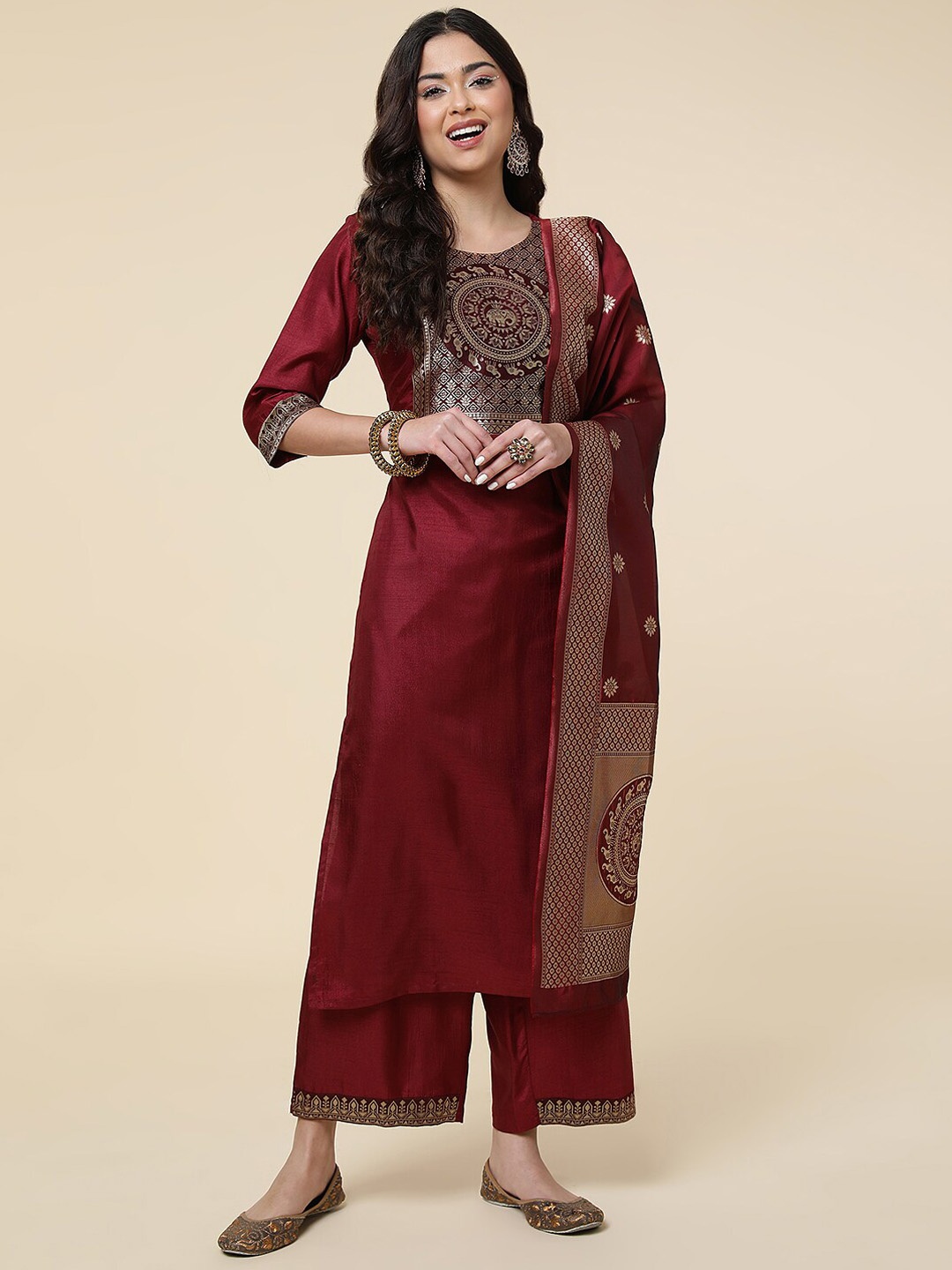 

Sangria Ethnic Motifs Woven Design Kurta With Palazzo & Dupatta, Maroon