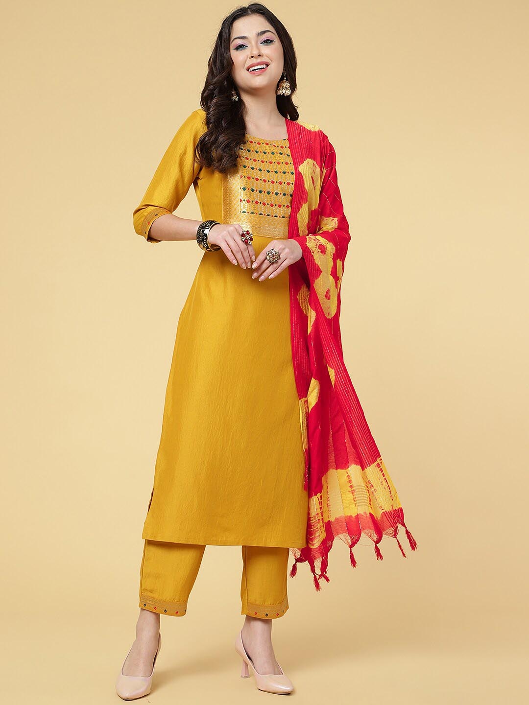 

Sangria Ethnic Motifs Yoke Design Kurta With Trouser & Dupatta, Mustard