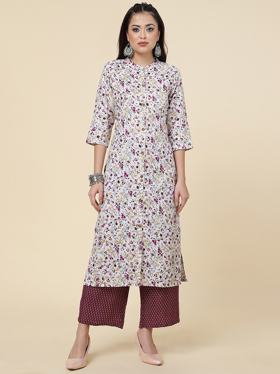 

Sangria Floral Printed Mandarin Collar Straight Kurta With Palazzo, White