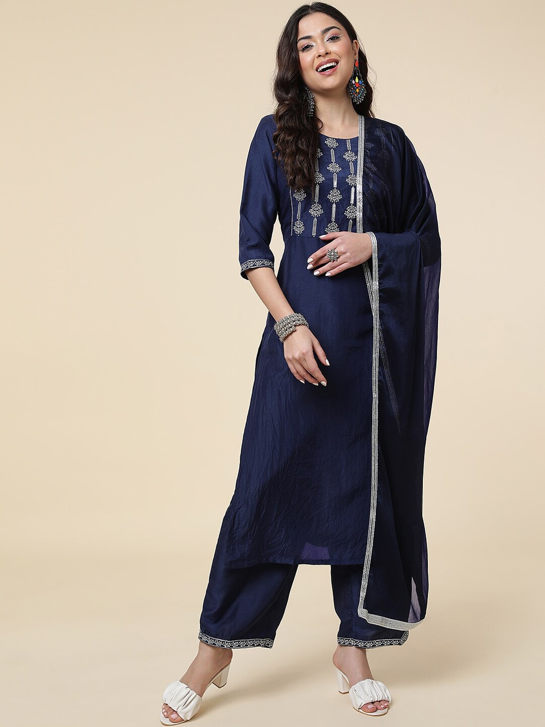 

Sangria Ethnic Motifs Yoke Designed Zari Straight Kurta With Palazzo & Dupatta, Navy blue