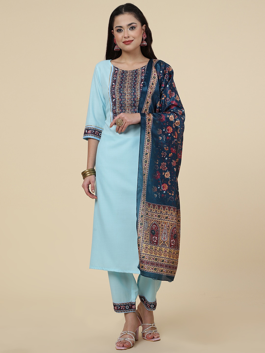 

Sangria Ethnic Motifs Yoke-Designed Gotta Patti Straight Kurta & Trouser With Dupatta, Turquoise blue