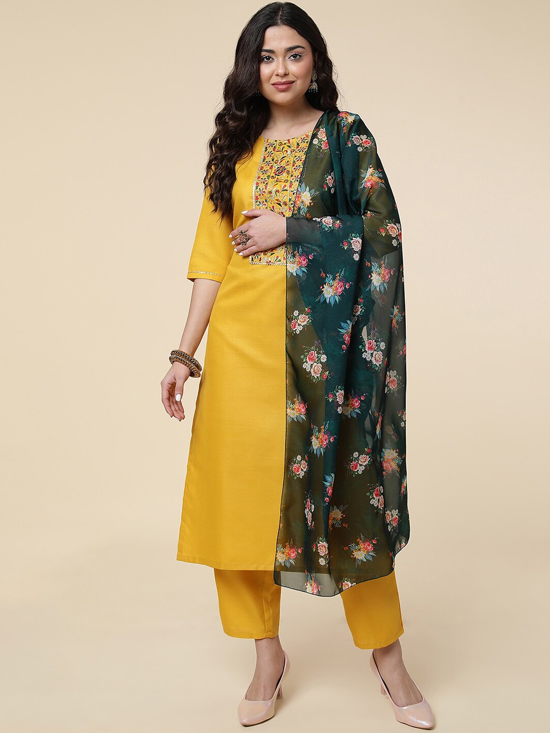 

Sangria Ethnic Motifs Yoke Design Kurta With Trouser & Dupatta, Yellow