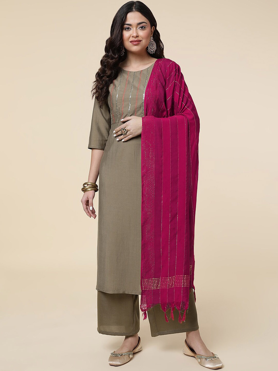

Sangria Olive Green & Pink Striped Yoke Design Sequinned Kurta With Palazzo & Dupatta