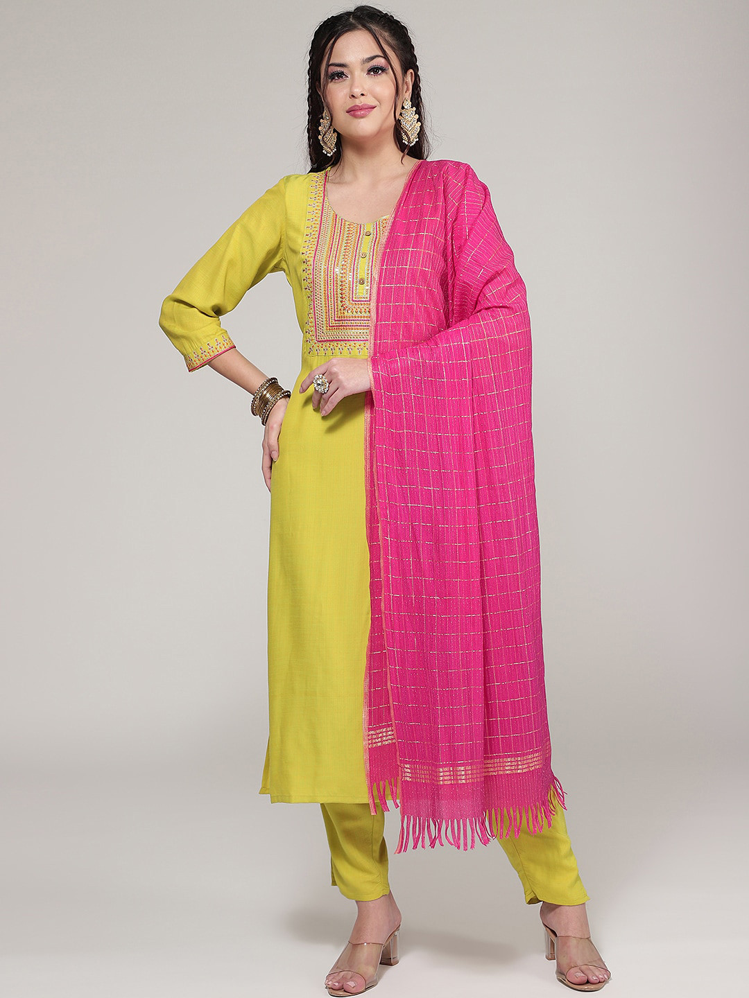 

Sangria Ethnic Motifs Yoke Design Straight Kurta With Trouser & Dupatta, Yellow