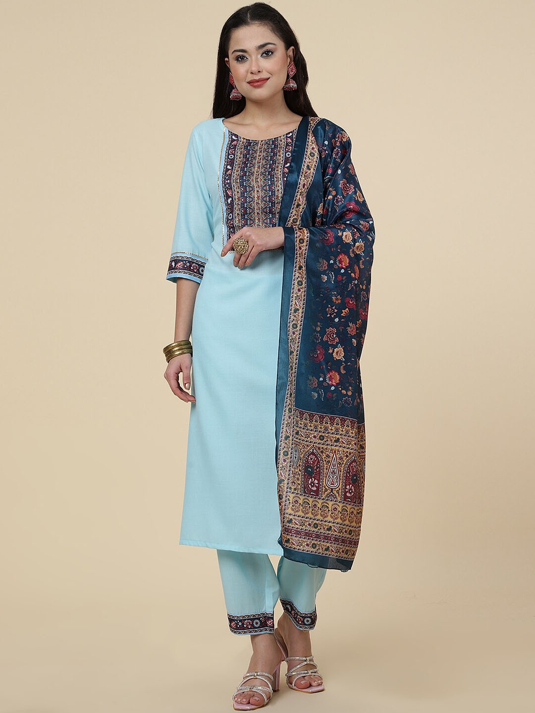 

Sangria Floral Yoke Design Kurta With Trouser & Dupatta, Blue