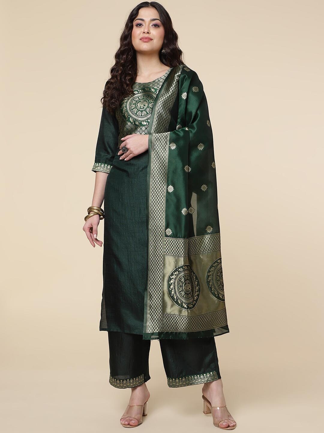 

Sangria Ethnic Motifs Yoke-Designed Zari Straight Kurta & Palazzo With Dupatta, Green