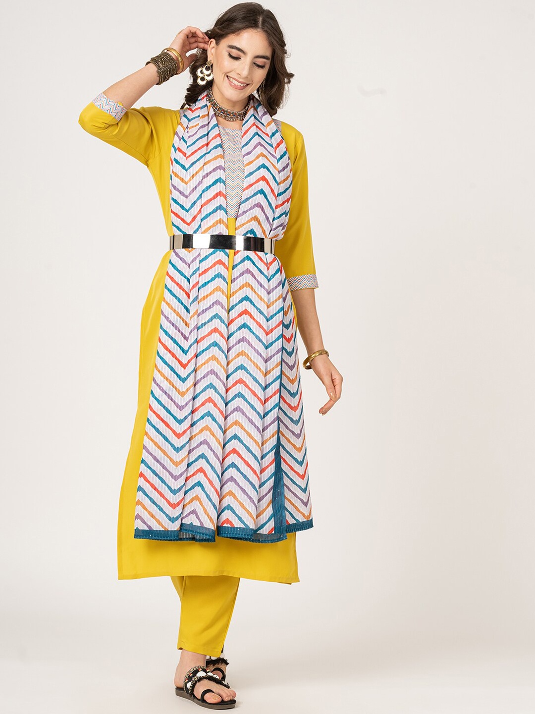 

Sangria Geometric Yoke Designed Straight Kurta With Trouser & Dupatta, Yellow