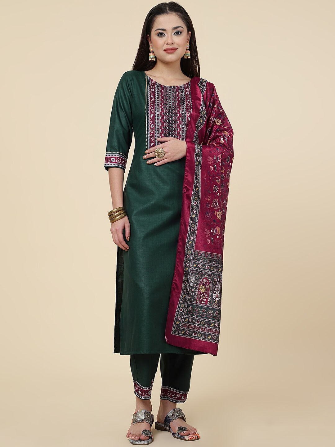 

Sangria Floral Yoke Design Straight Kurta & Trouser With Dupatta, Green