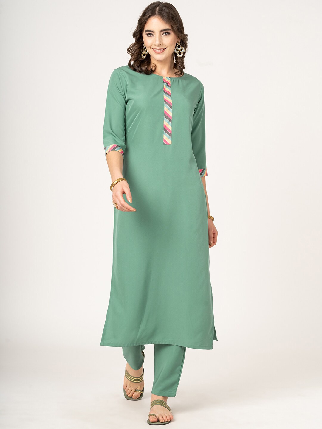 

Sangria Straight Kurta With Trouser & Dupatta, Fluorescent green