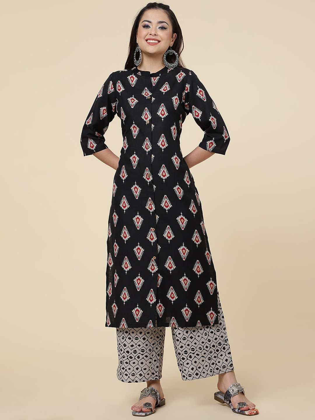

Sangria Ethnic Motifs Printed Band Collar Straight Kurta With Palazzo, Black