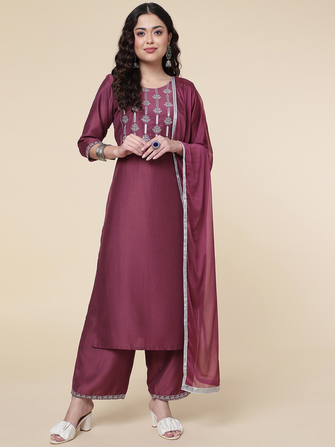 

Sangria Ethnic Motifs Yoke Design Straight Kurta With Palazzo & Dupatta, Purple