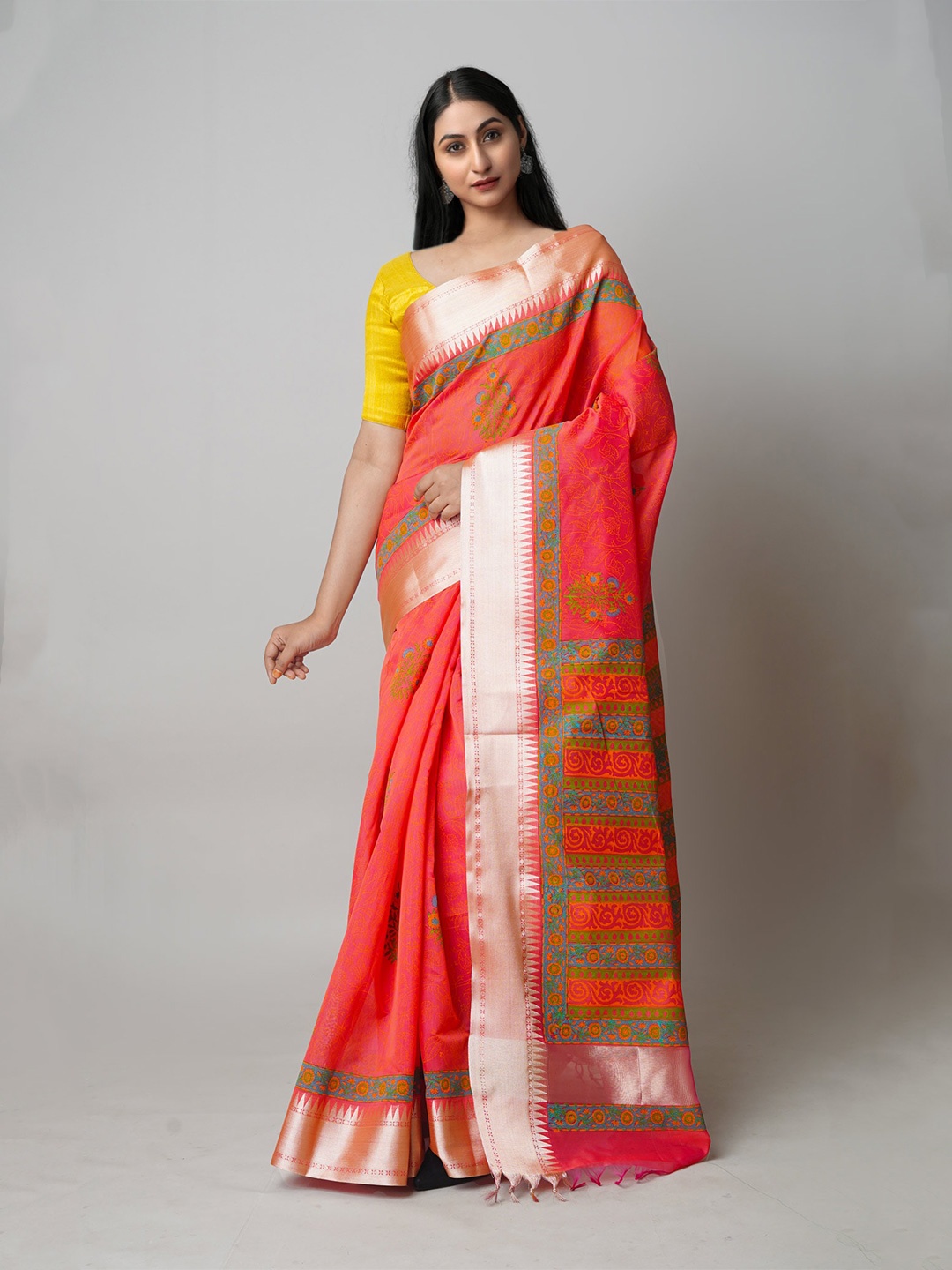 

Unnati Silks Ethnic Motifs Printed Zari Silk Cotton Chanderi Saree, Red