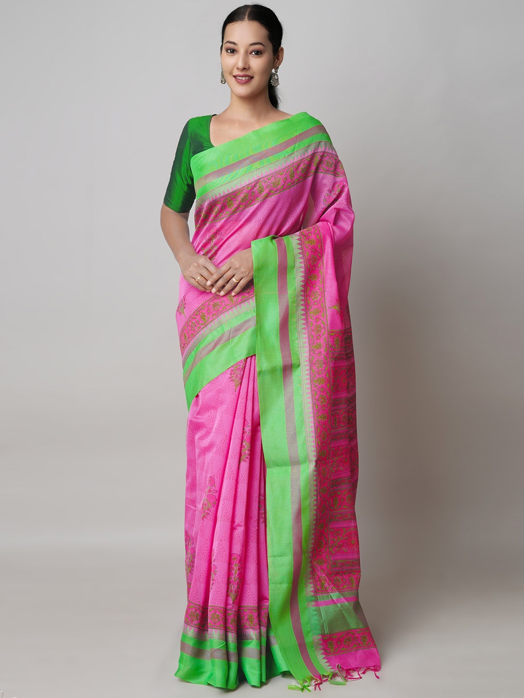 

Unnati Silks Ethnic Motifs Printed Silk Cotton Chanderi Saree, Pink