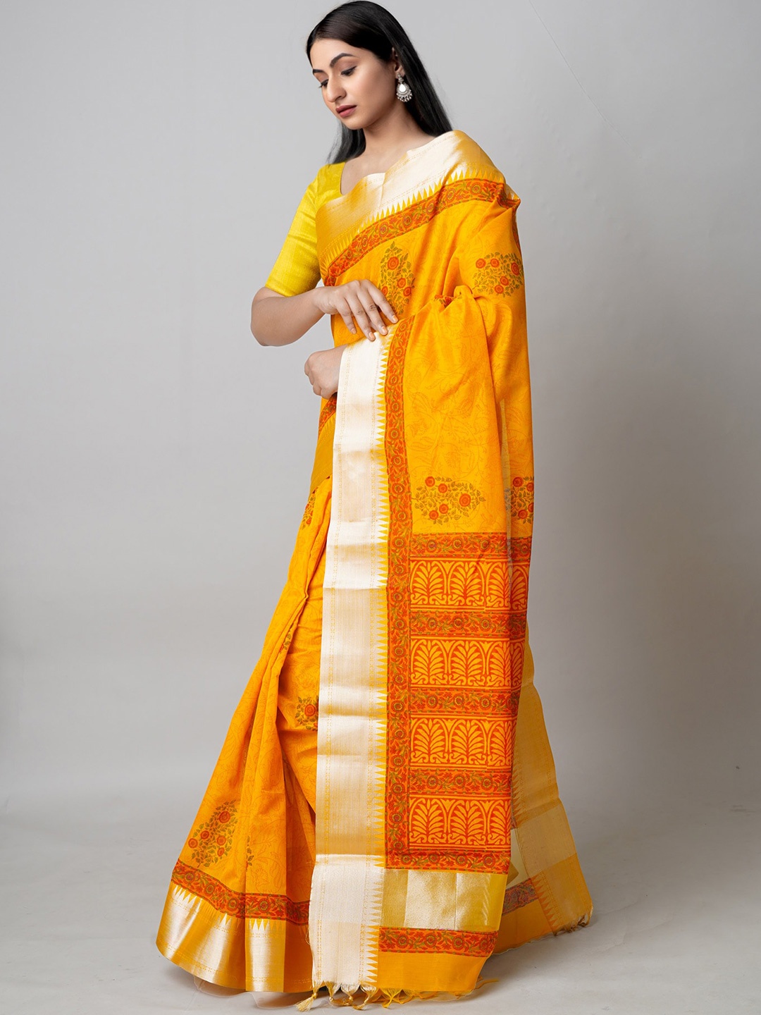 

Unnati Silks Ethnic Motifs Printed Zari Silk Cotton Chanderi Saree, Yellow