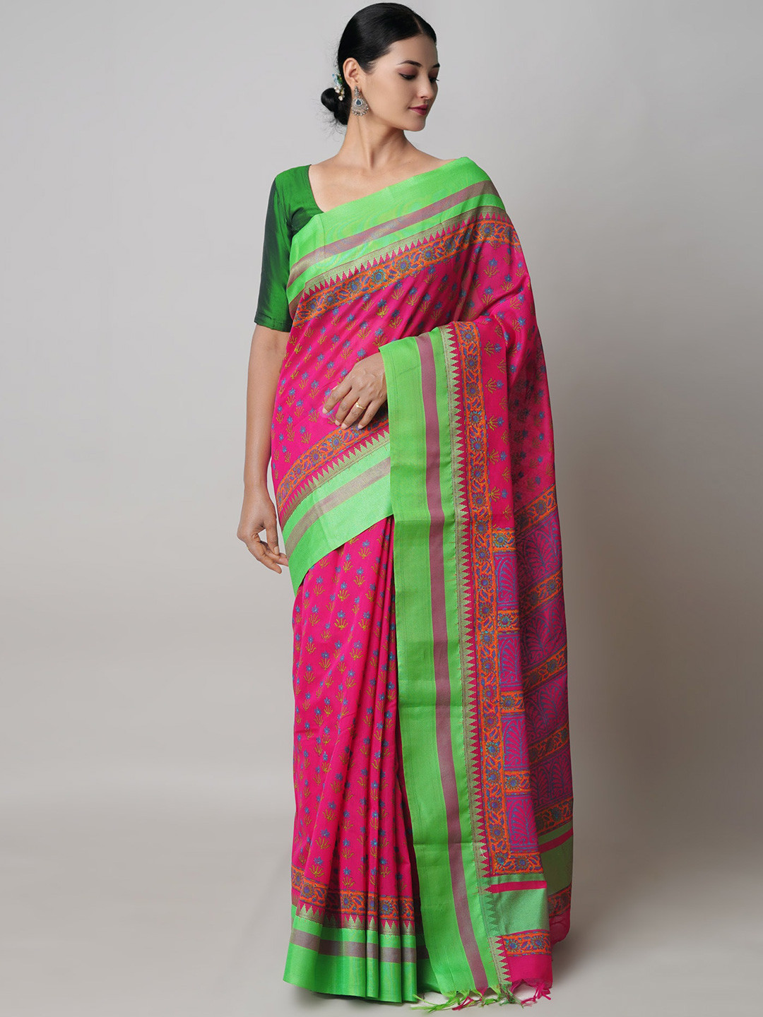 

Unnati Silks Ethnic Motifs Printed Silk Cotton Chanderi Saree, Pink