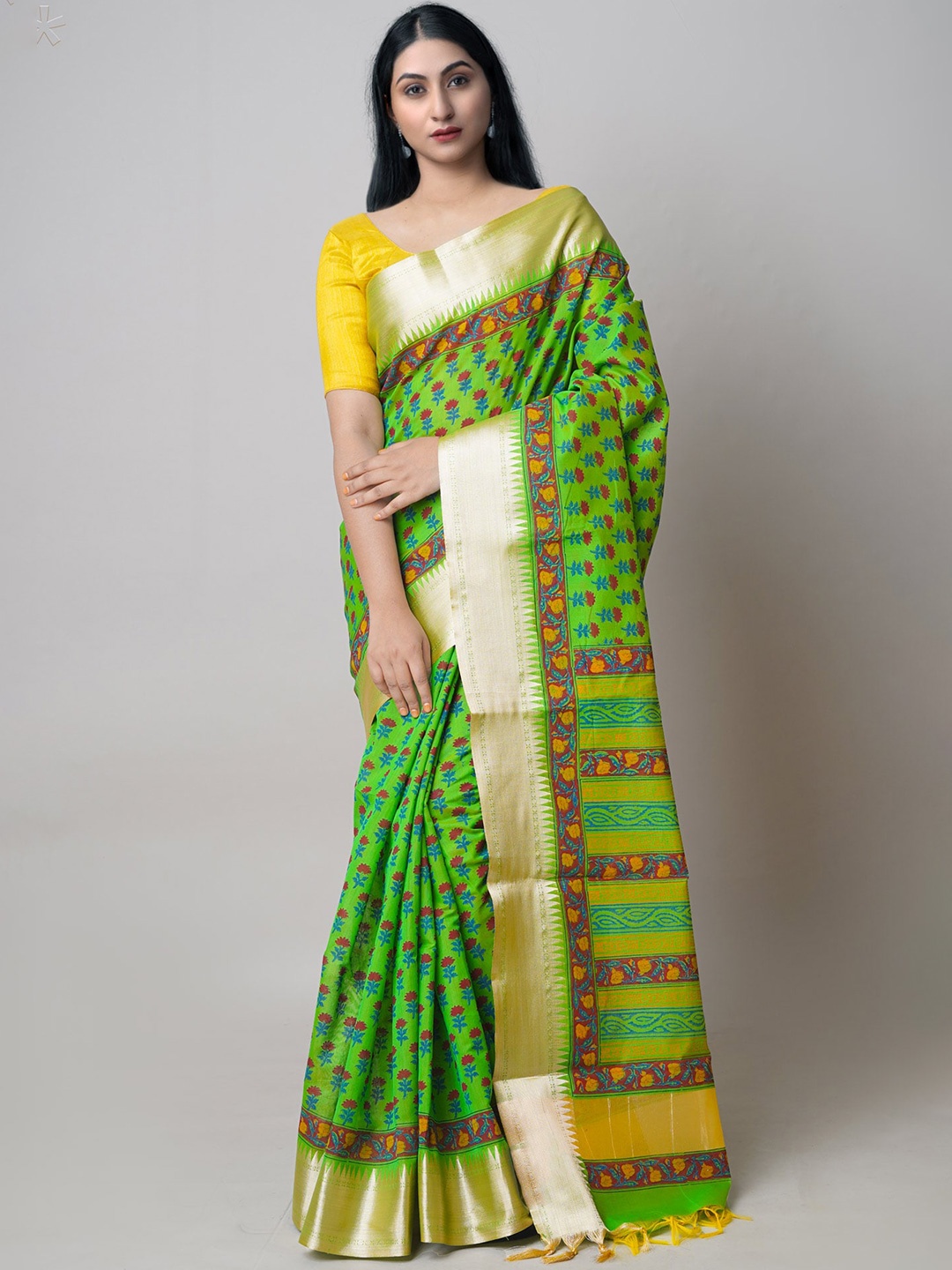 

Unnati Silks Ethnic Motifs Printed Zari Silk Cotton Chanderi Saree, Green