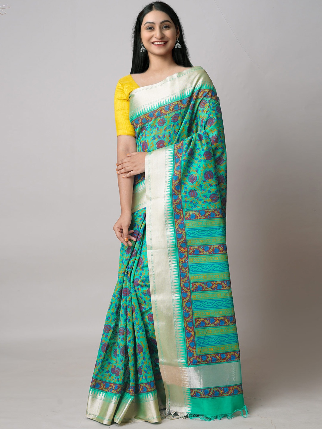 

Unnati Silks Ethnic Motifs Printed Silk Cotton Chanderi Saree, Green