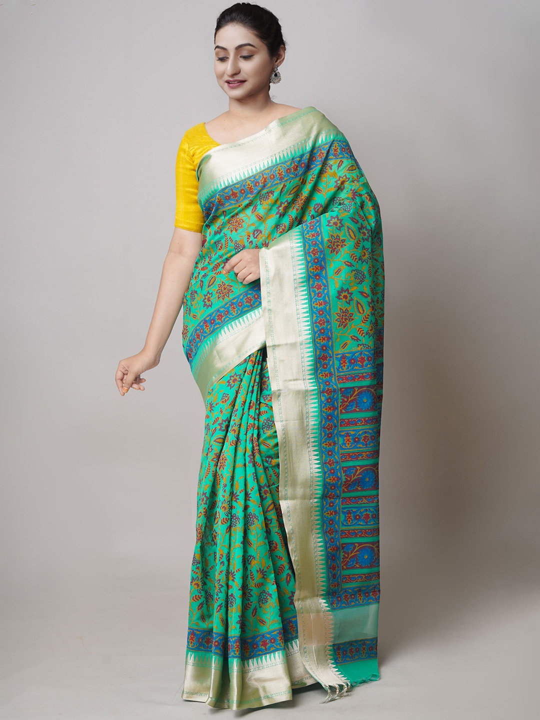 

Unnati Silks Ethnic Motifs Printed Zari Silk Cotton Chanderi Saree, Green