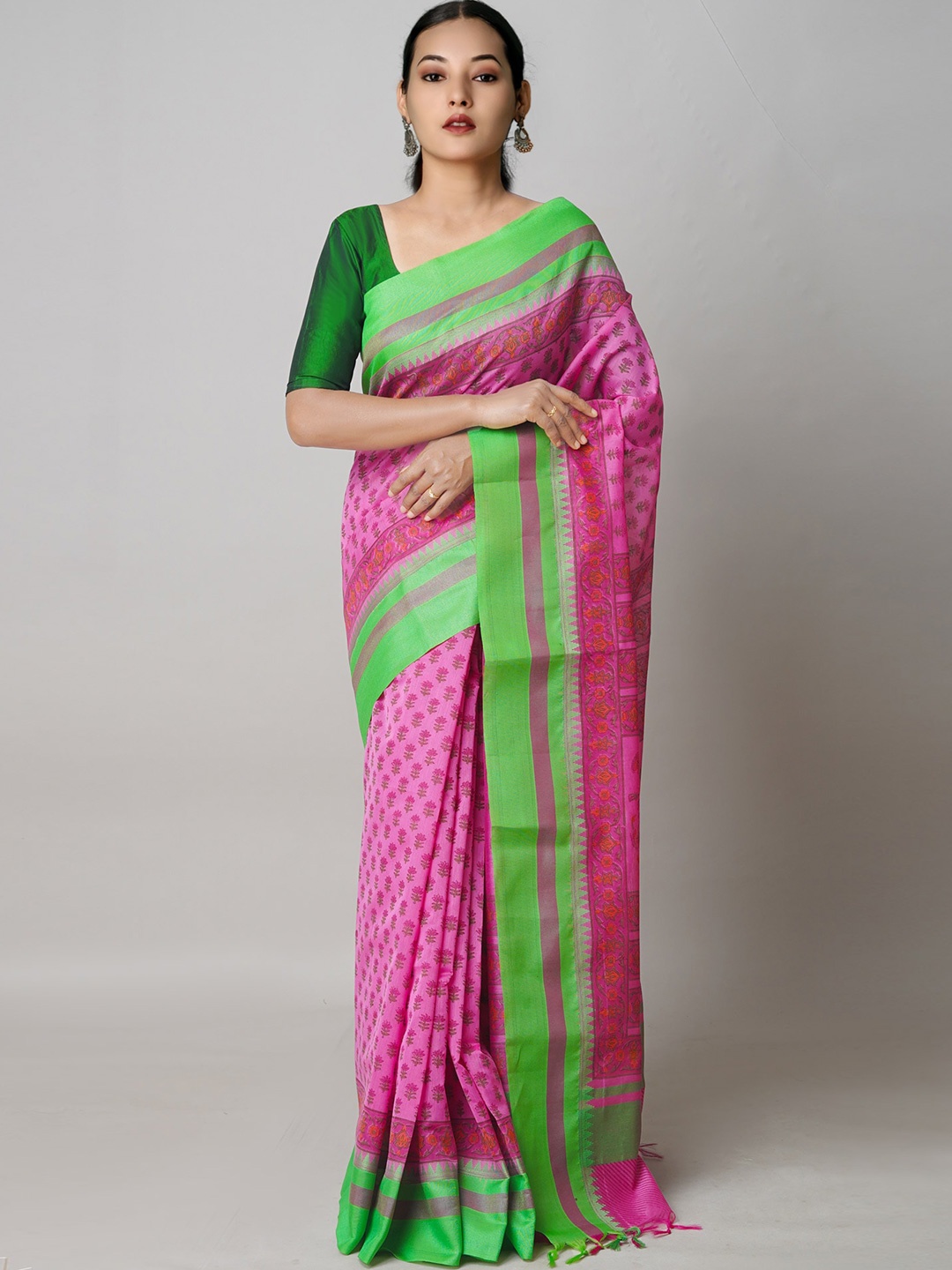 

Unnati Silks Ethnic Motifs Printed Silk Cotton Chanderi Saree, Pink