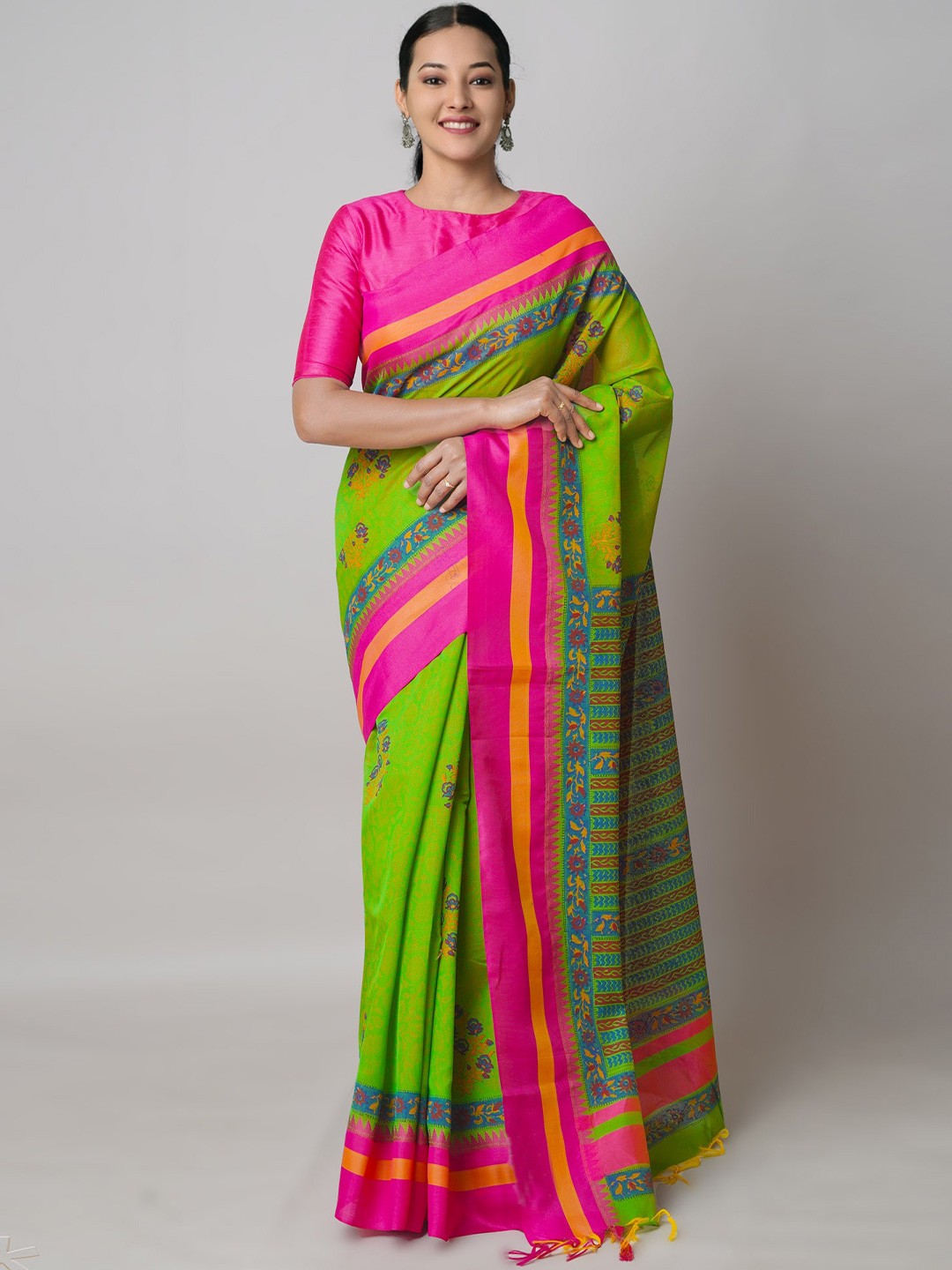

Unnati Silks Ethnic Motifs Printed Silk Cotton Chanderi Saree, Green