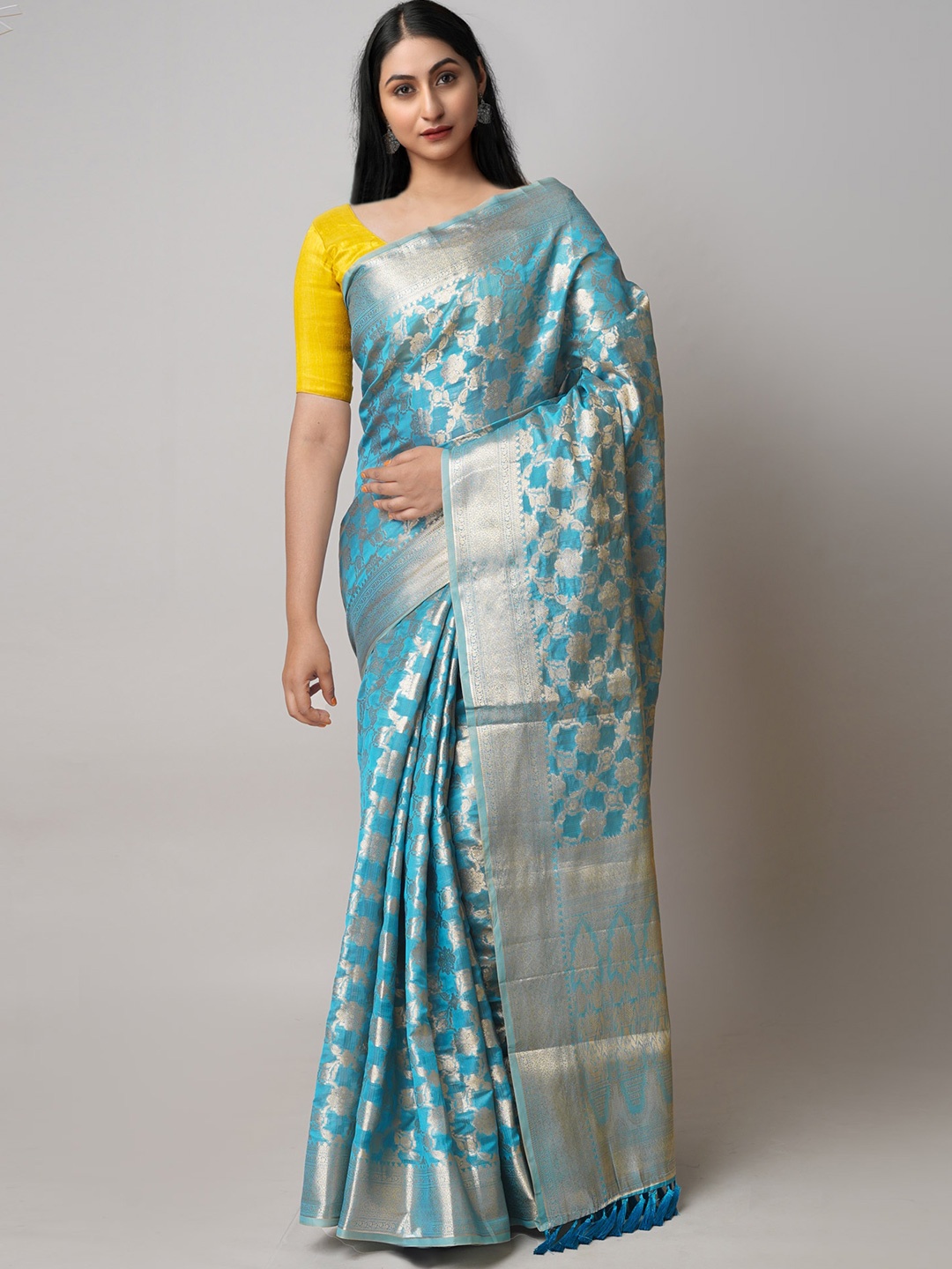 

Unnati Silks Ethnic Motifs Woven Design Zari Silk Blend Handloom Banarasi Saree, Blue