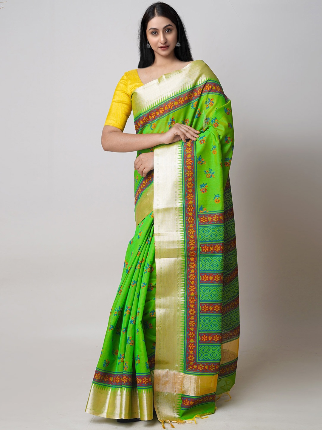 

Unnati Silks Floral Printed Silk Cotton Handloom Chanderi Saree, Green