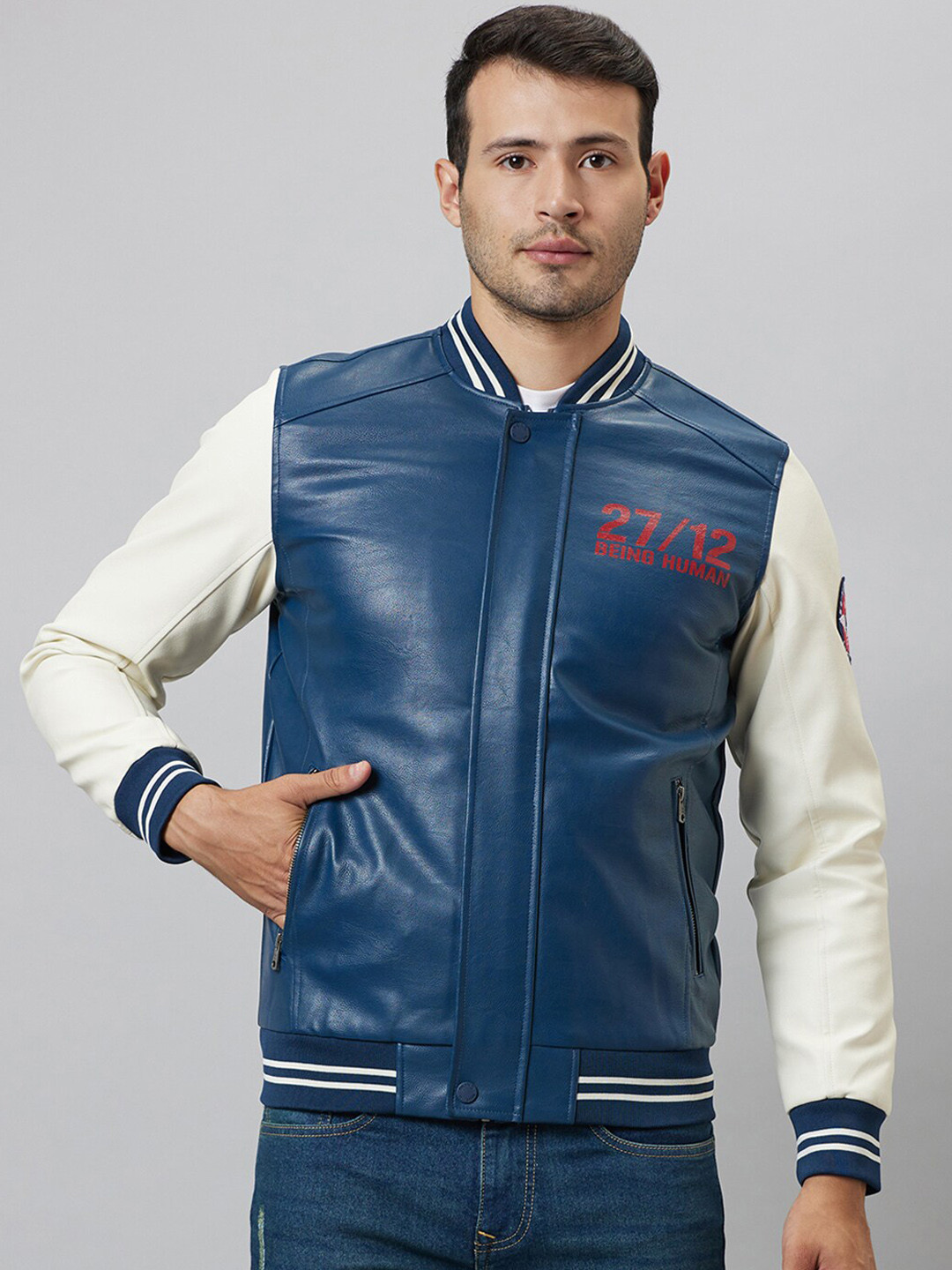 

Being Human Typography Printed Cotton Varsity Jacket, Navy blue