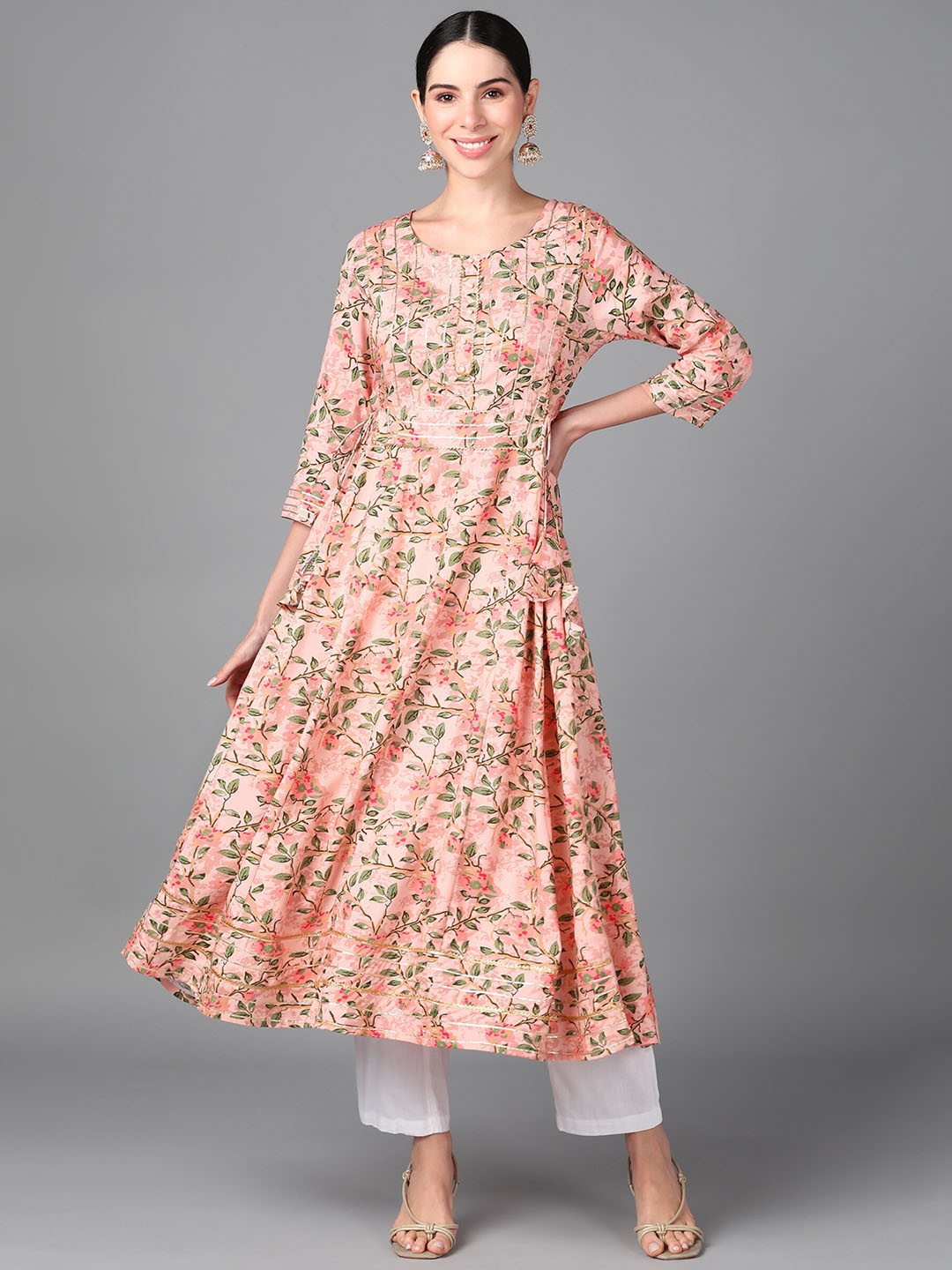 AAYUMI Floral Printed Gotta Patti Detail Anarkali Kurta, Pink