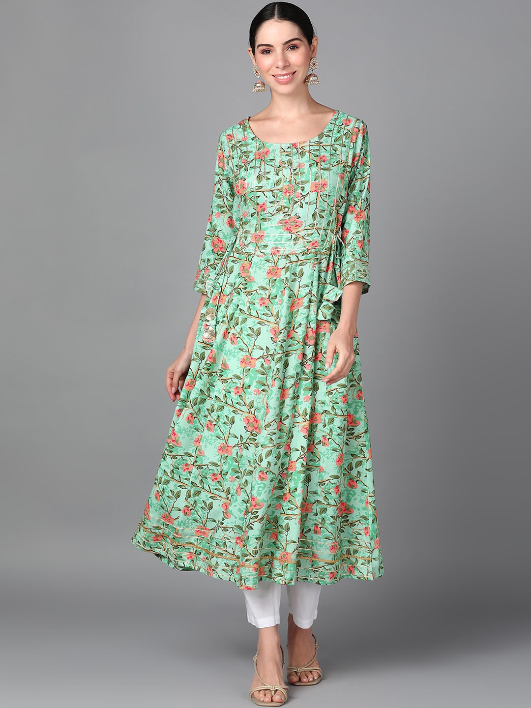 AAYUMI Floral Printed Round Neck Pleated Anarkali Kurta, Turquoise blue