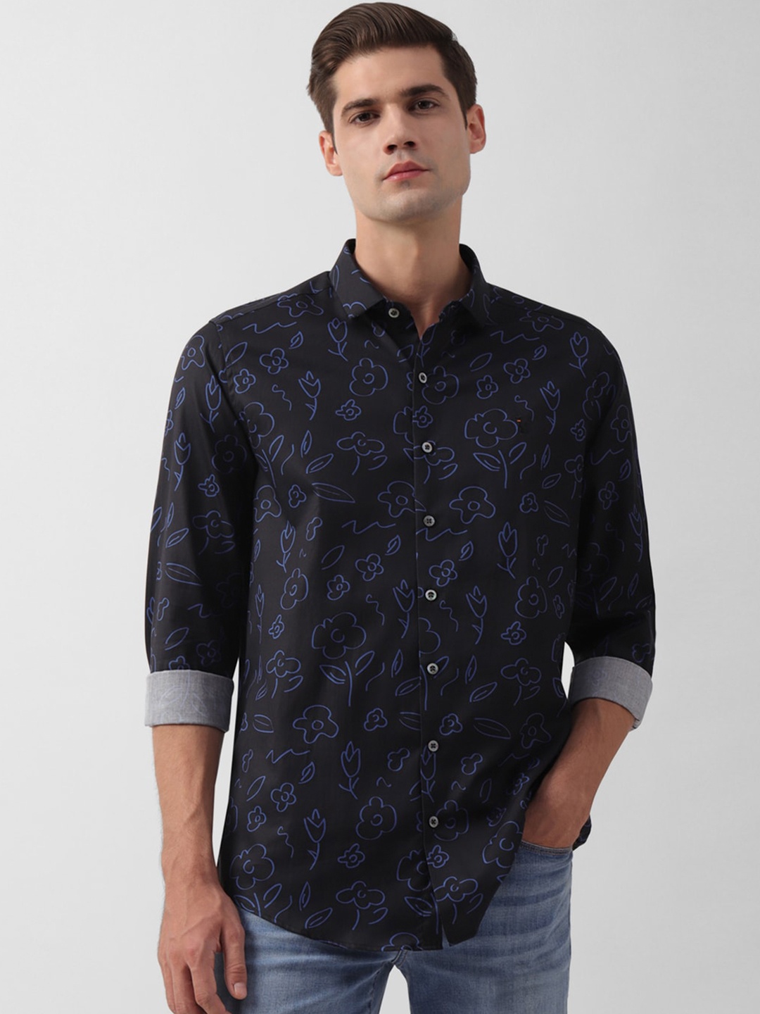 

SIMON CARTER LONDON Slim Fit Opaque Floral Printed Pure Cotton Casual Shirt, Black