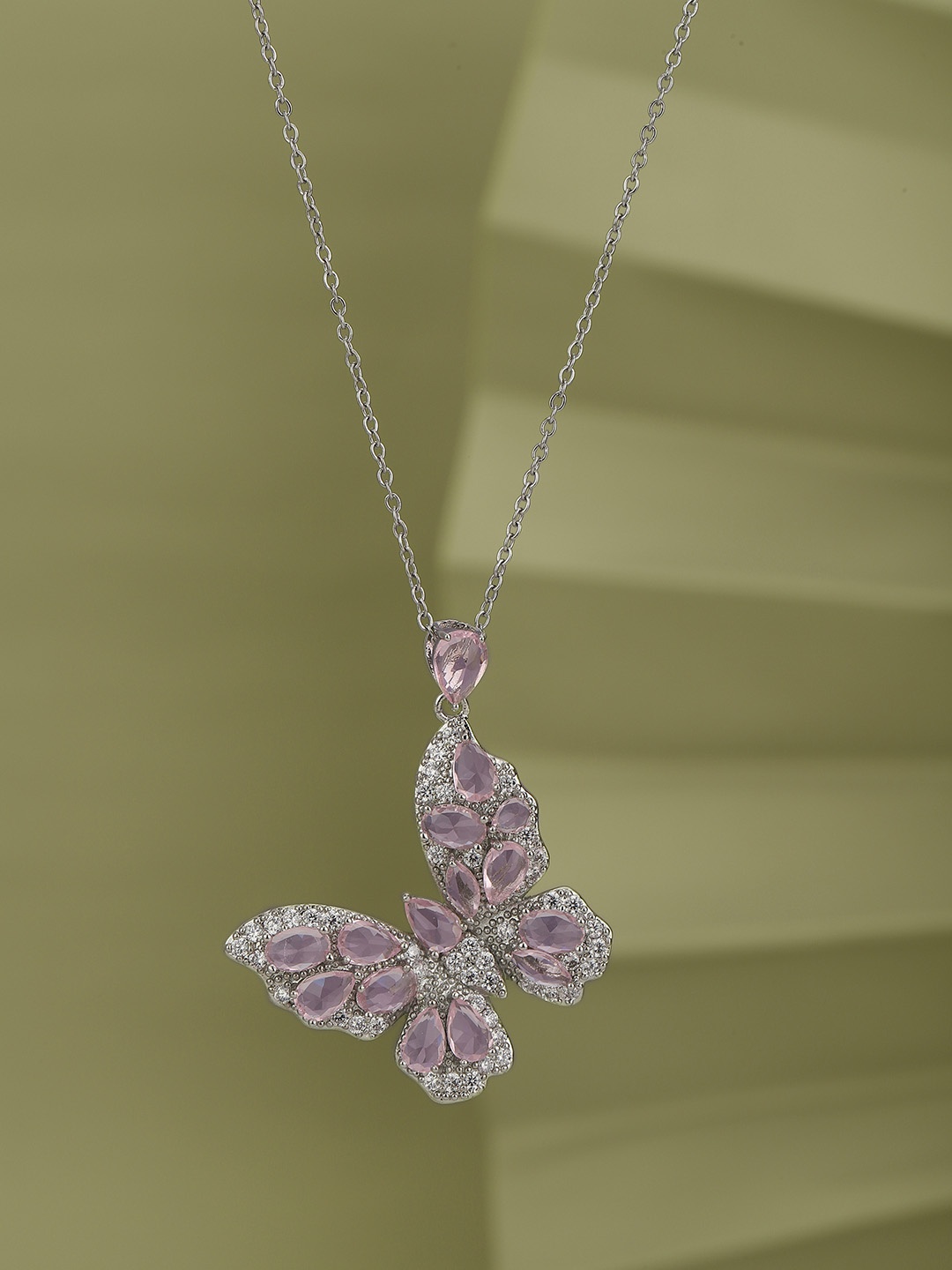 

Carlton London Women Premium Rhodium Plated CZ Butterfly Shaped Pendant with Chain, Silver