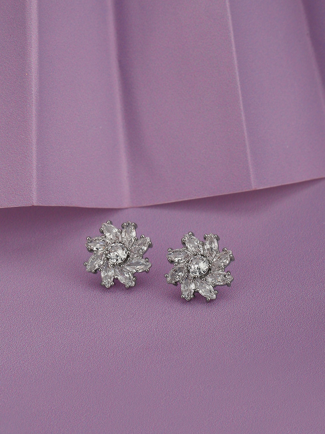 

Carlton London Premium Rhodium-Plated CZ-Studded Floral Studs Earrings, Silver