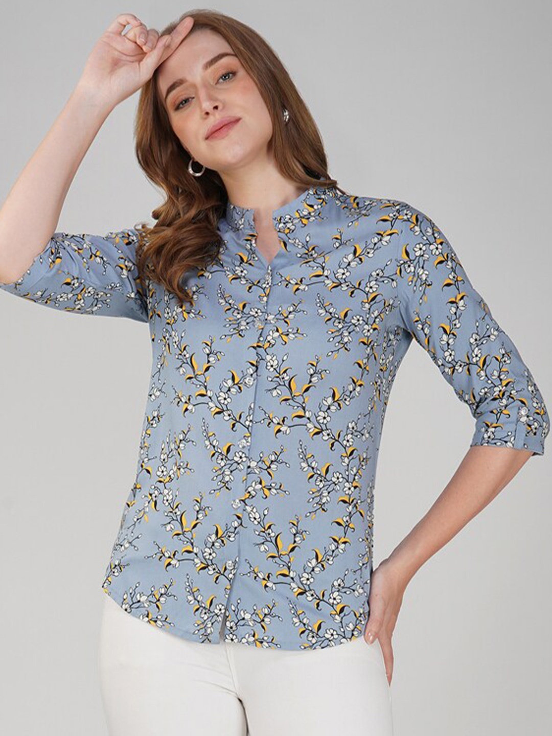 

Vastraa Fusion Floral Printed Mandarin Collar Shirt Style Top, Grey