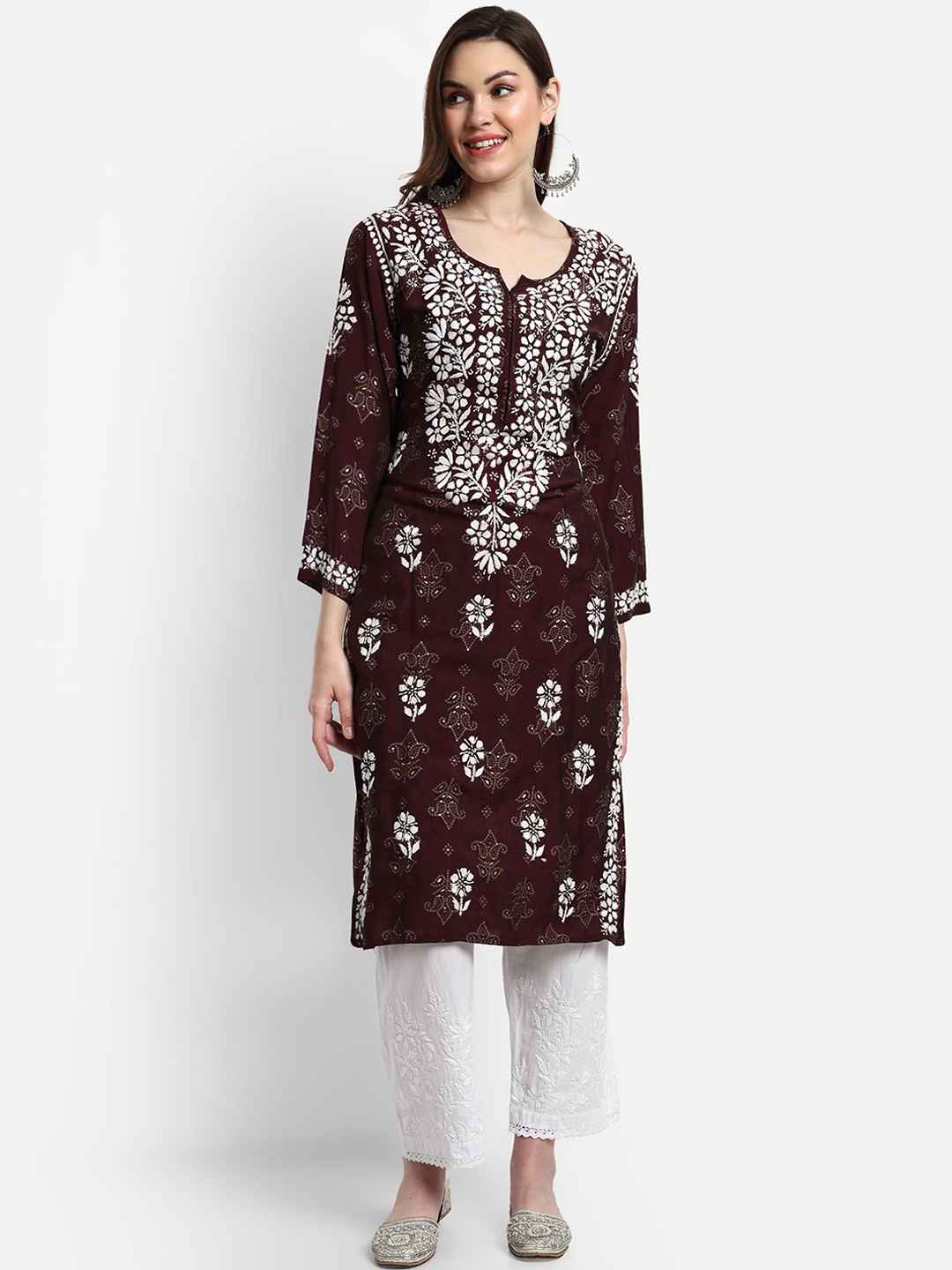 

Indiankala4u Ethnic Motifs Embroidered Notched Neck Chikankari Kurta, Brown