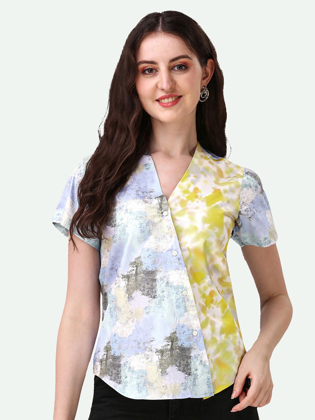 

FRENCH CROWN Abstract Printed Cotton Shirt Style Top, Blue