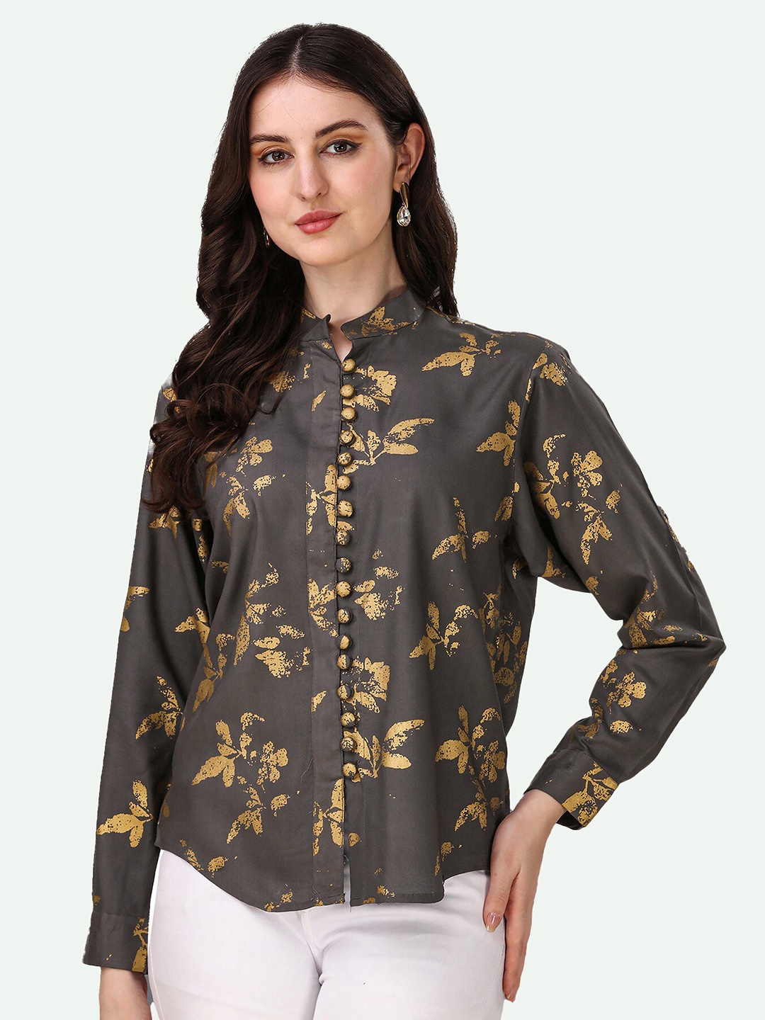 

FRENCH CROWN Standard Floral Printed Opaque Cotton Casual Shirt, Brown