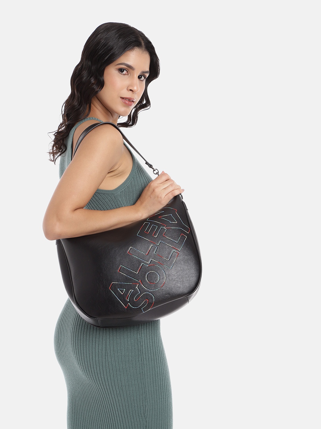 

Allen Solly Brand Logo Embroidered Hobo Bag, Black
