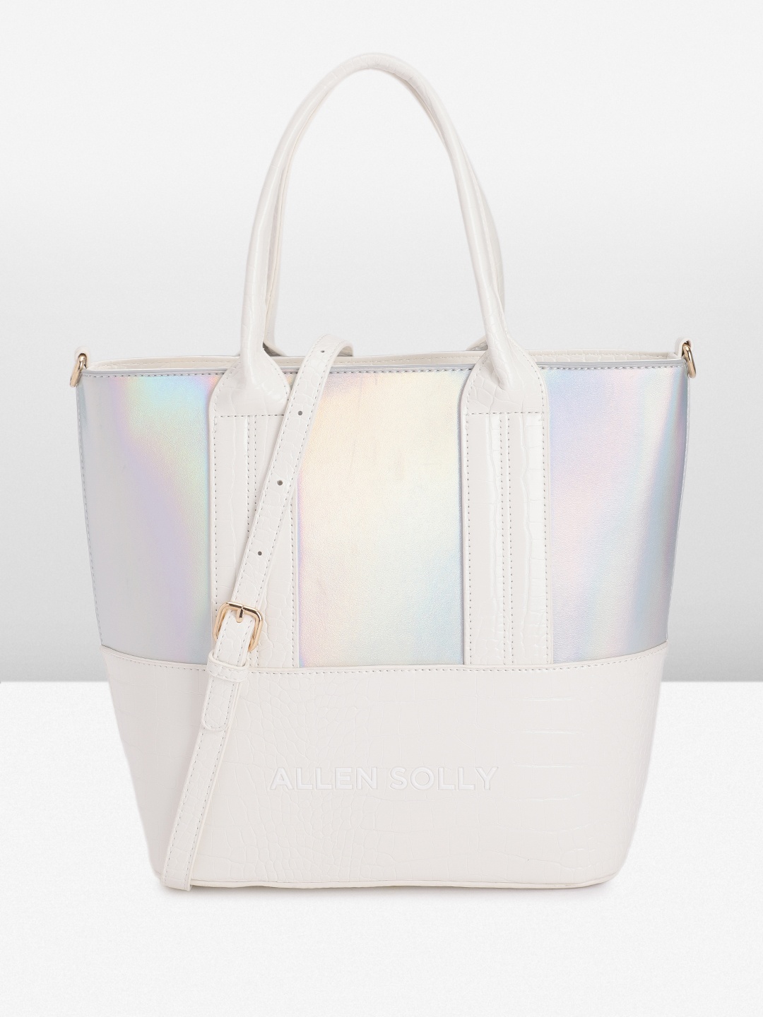 

Allen Solly Solid Iridescent Structured Handheld Bag, Silver
