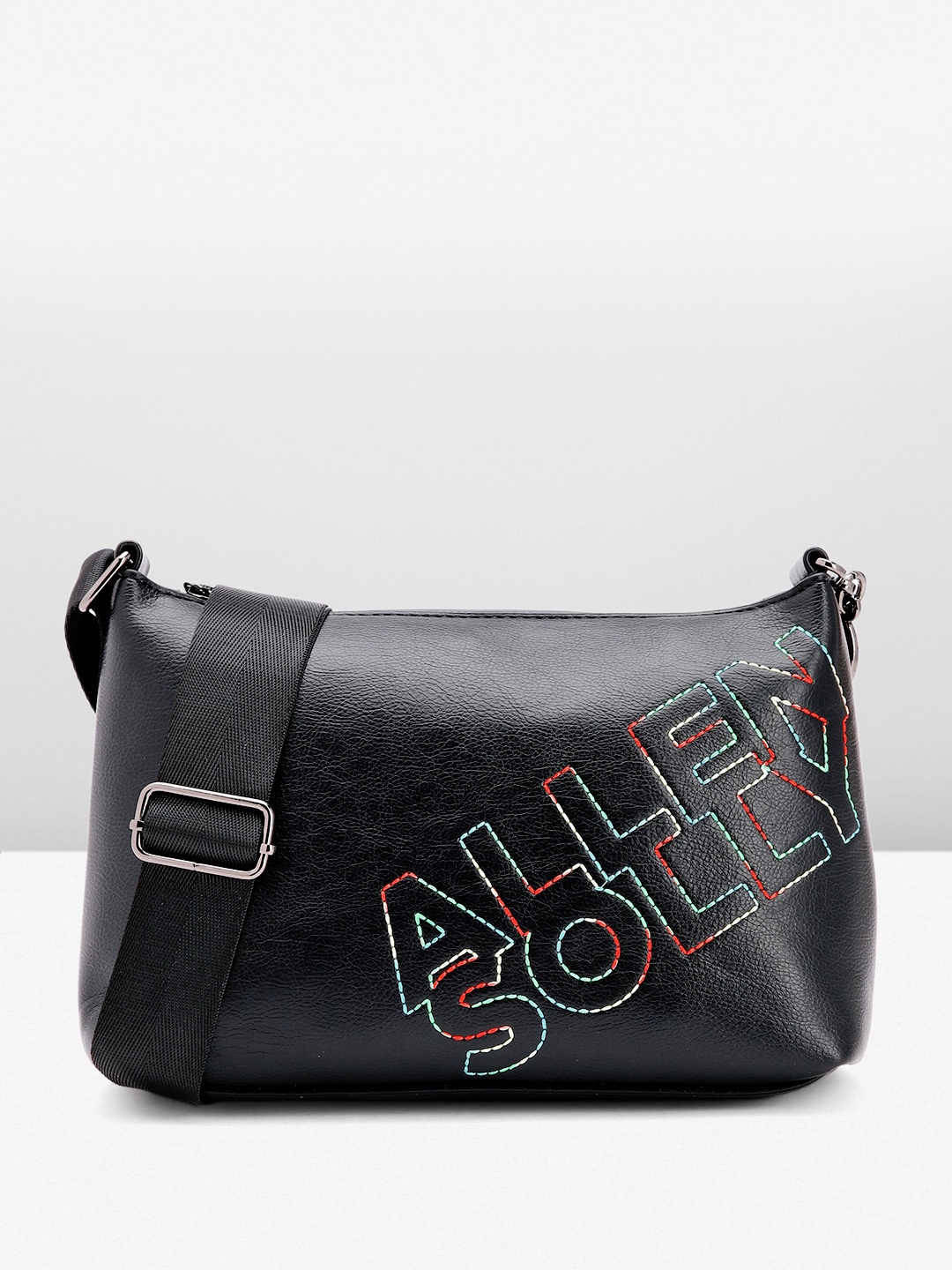 

Allen Solly Brand Logo Embroidered Structured Sling Bag, Black