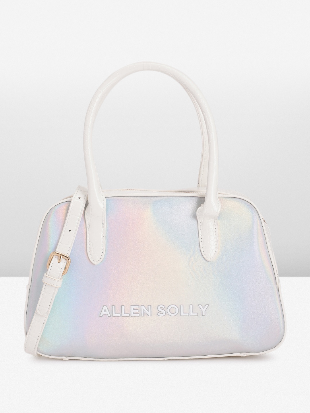 

Allen Solly Solid Iridescent Structured Handheld Bag, Silver