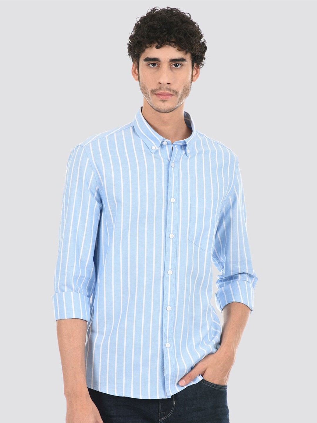 

LONDON FOG Vertical Stripes Button-Down Collar Long Sleeves Casual Shirt, Blue