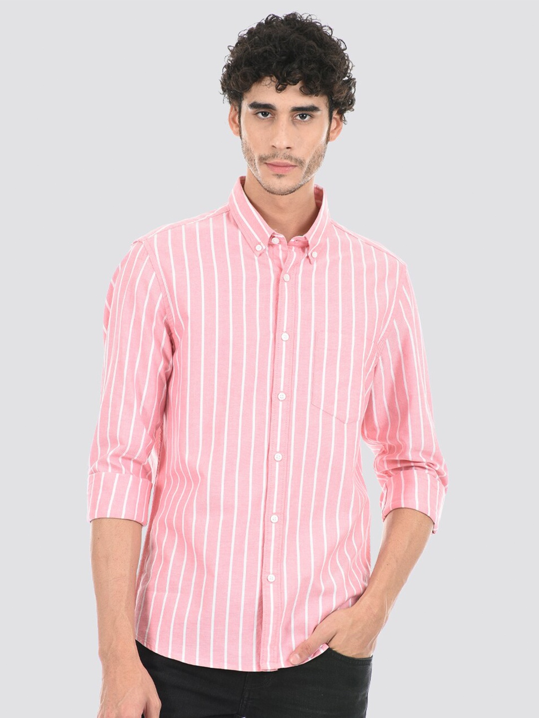 

LONDON FOG Vertical Stripes Button-Down Collar Long Sleeves Casual Shirt, Pink