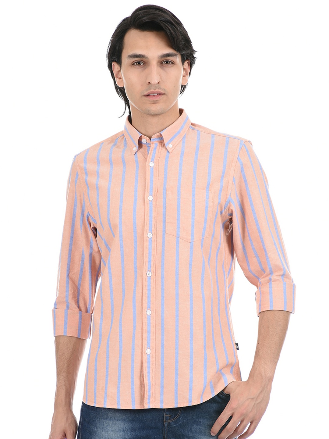 

LONDON FOG Vertical Stripes Button-Down Collar Long Sleeves Casual Shirt, Orange