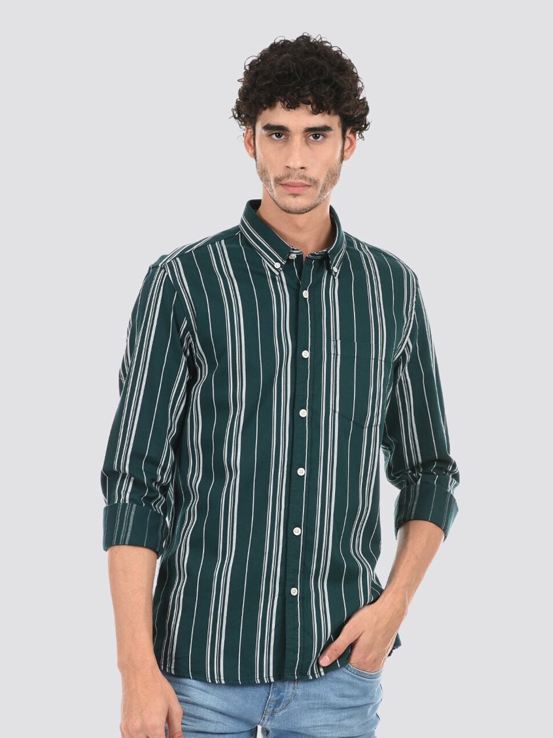 

LONDON FOG Striped Cotton Casual Shirt, Green