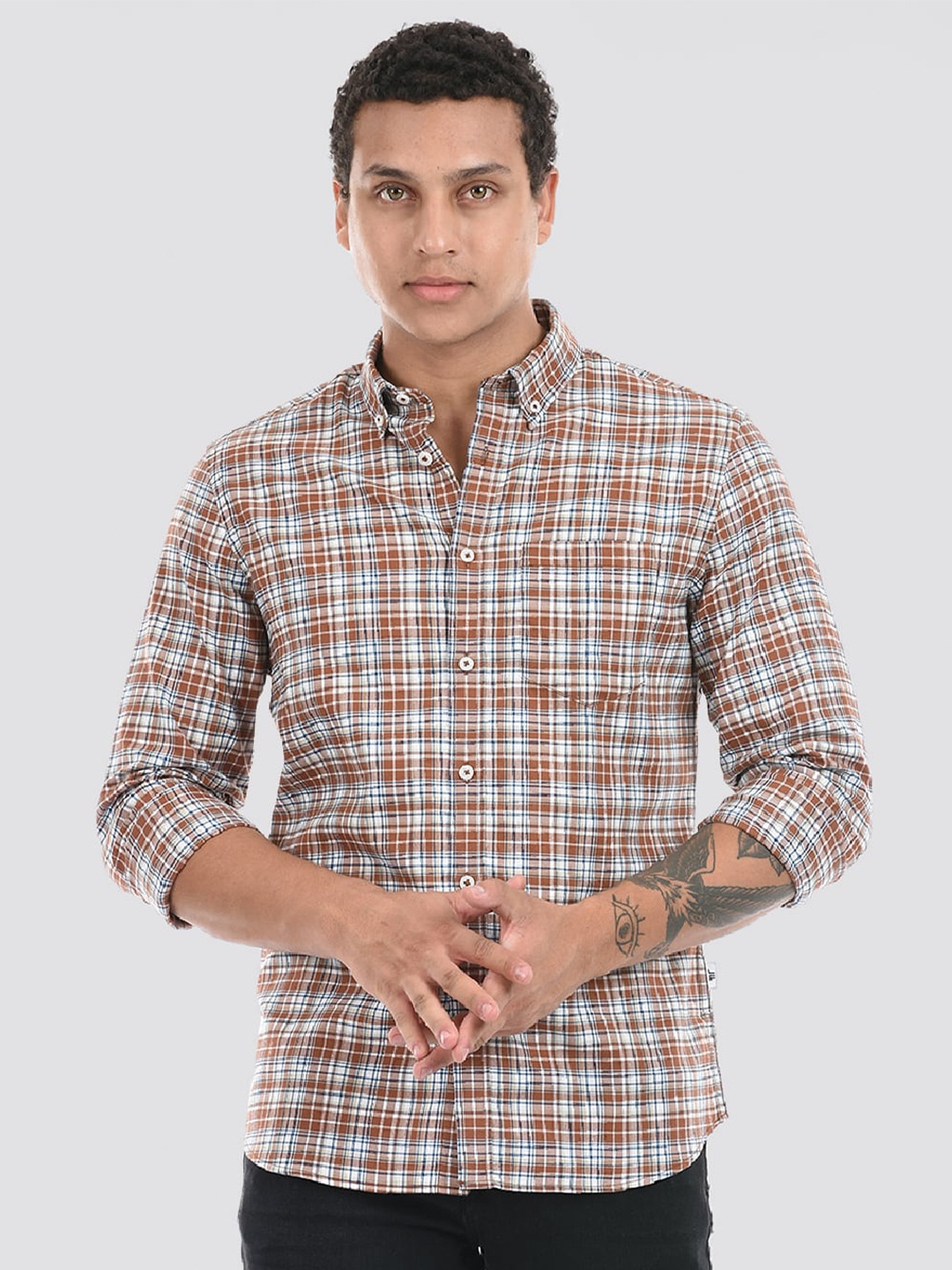 

LONDON FOG Tartan Checks Button-Down Collar Long Sleeves Casual Shirt, Brown