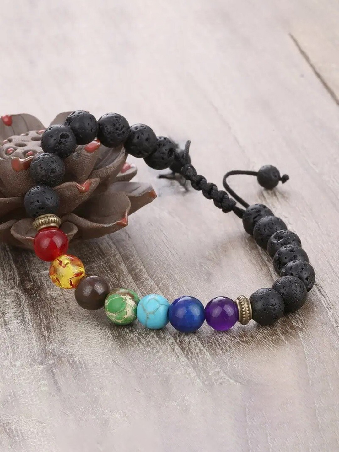 

MEENAZ Unisex Silver-Plated Stainless Steel 7 chakra Wraparound Bracelet, Black